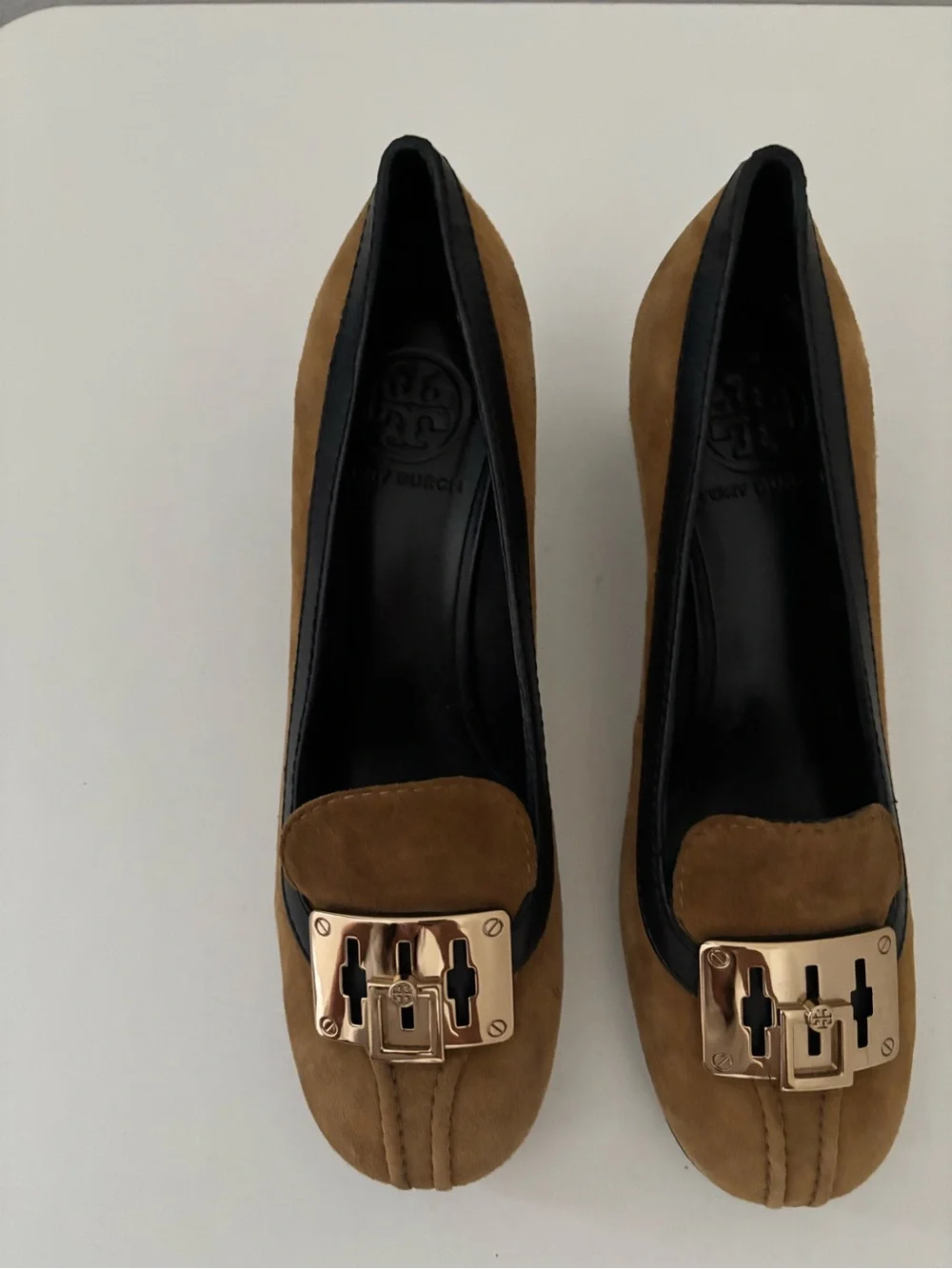 Tory Burch Brown Suede Flats with Gold Tone Buckle
